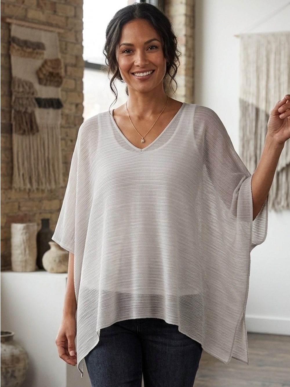 Eileen Fisher Pleated Recycled Polyester Poncho Kimono Top Sheer‎ Size S/M